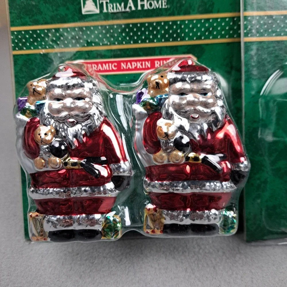 Vintage Ceramic Santa Napkin Rings Lot Of 4 Holiday Tableware Allure 90s NEW NOS